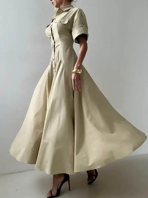 Lapel Buttoned Sleeve Shirt Maxi Dress