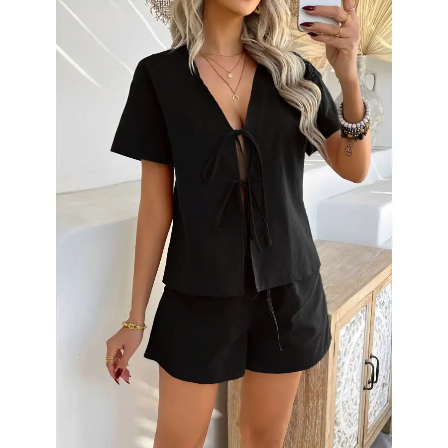 Tied V Neck Short Sleeve Top and Shorts Set