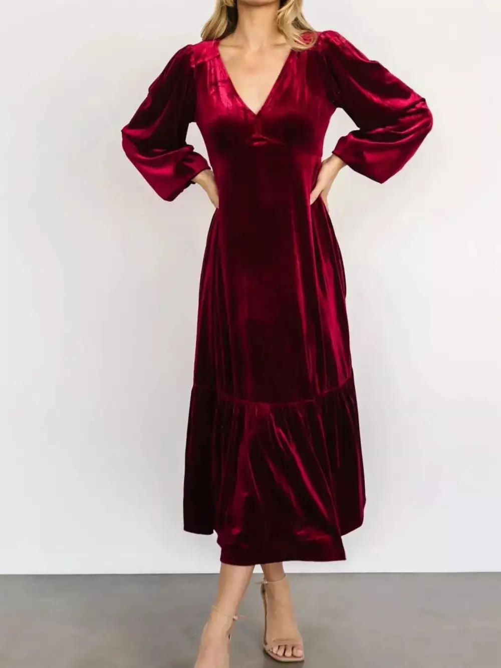 Velvet Tiered Long Sleeve Midi Dress