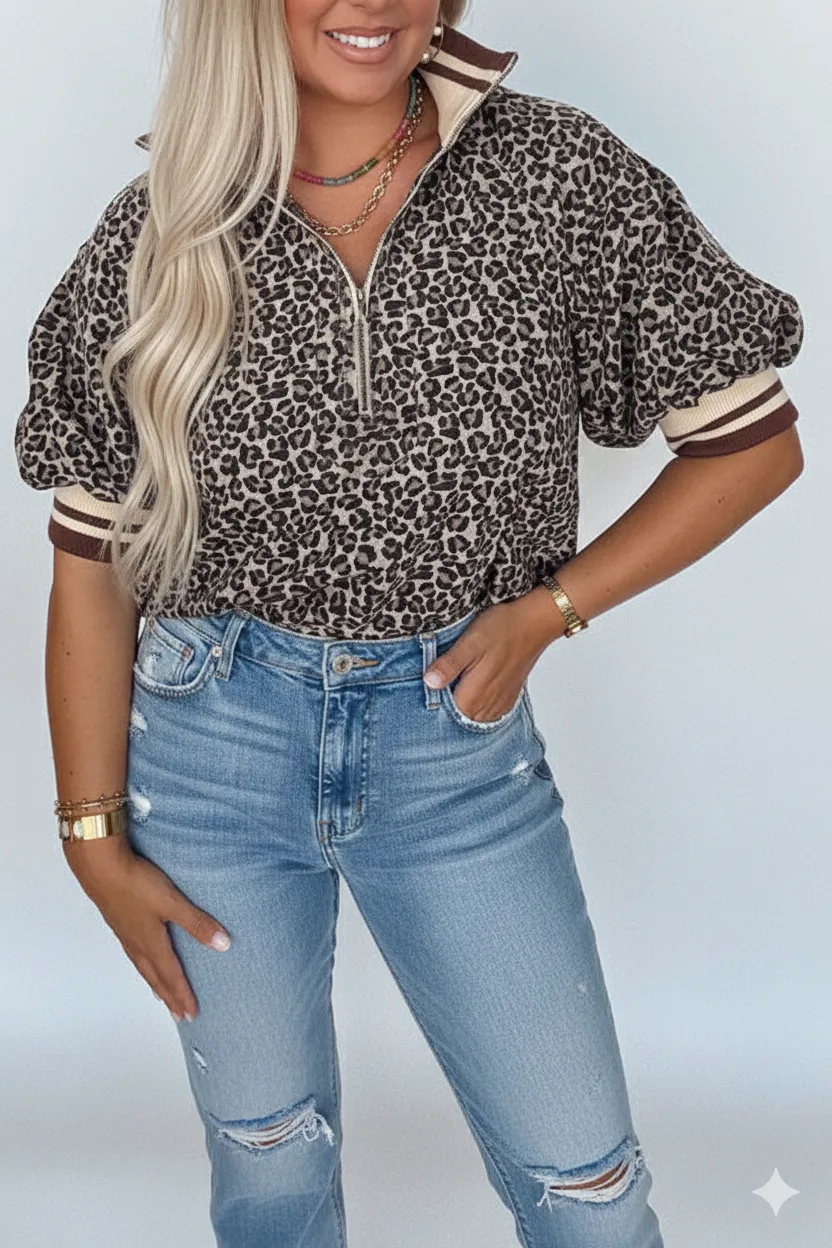 Leopard Print Half Zip Striped Trim Patchwork Short Sleeve Top