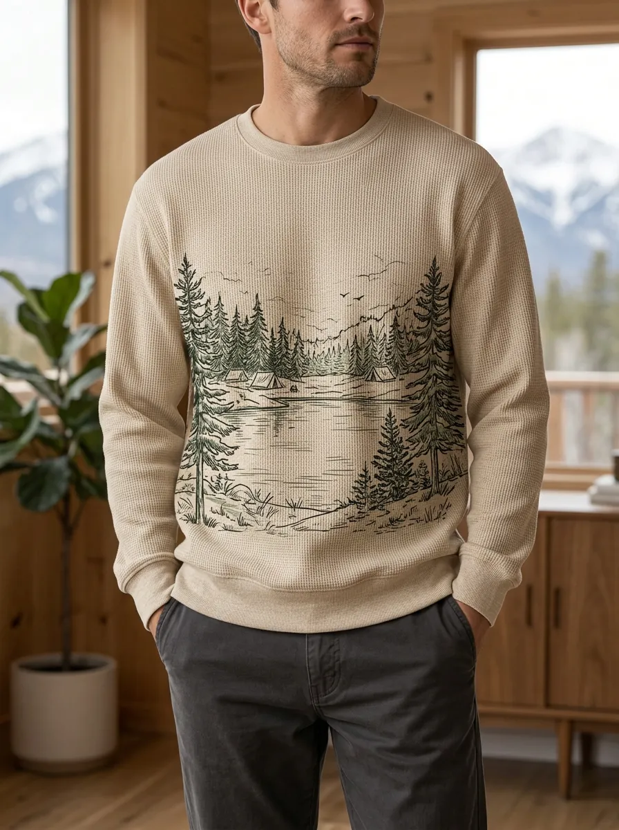 Men's Beige Graphic Waffle Knit Crewneck Sweatshirt