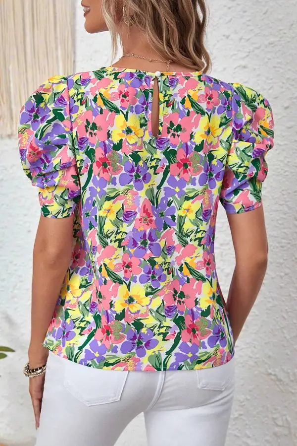 Floral Crew Neck Puff Sleeve Blouse