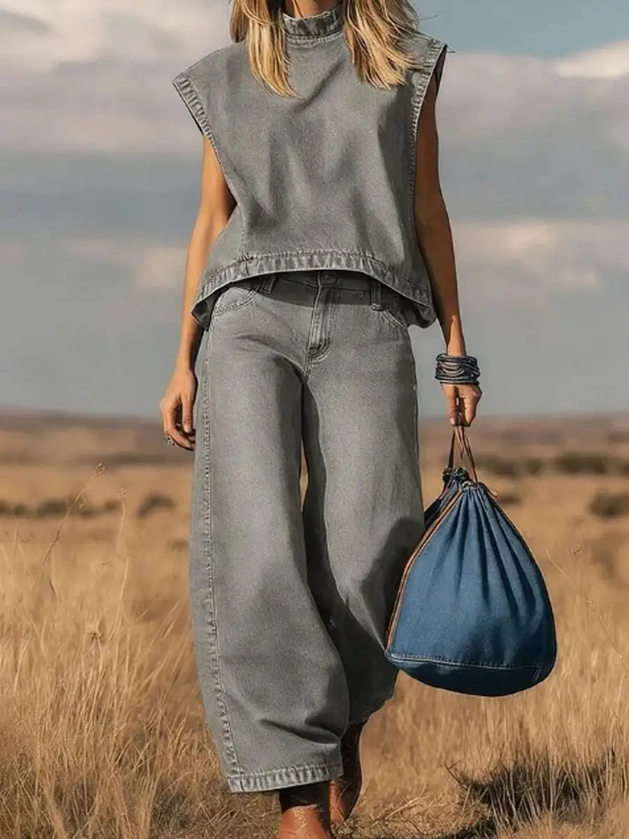 High Waist Relaxed Vest And Pants Set
