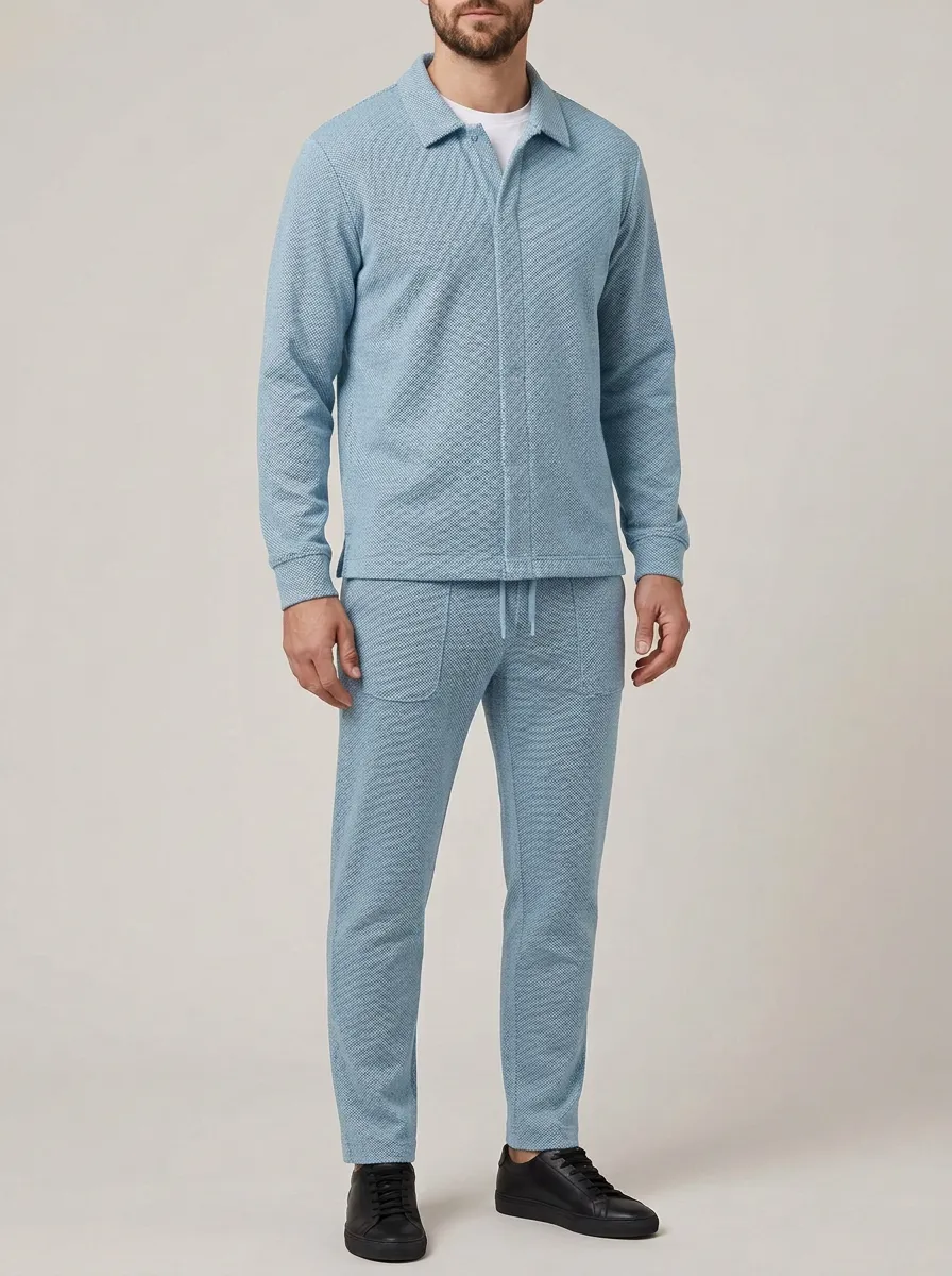 Men's Weekend Textured Polo Collar Jacket and Jogger Pants Set