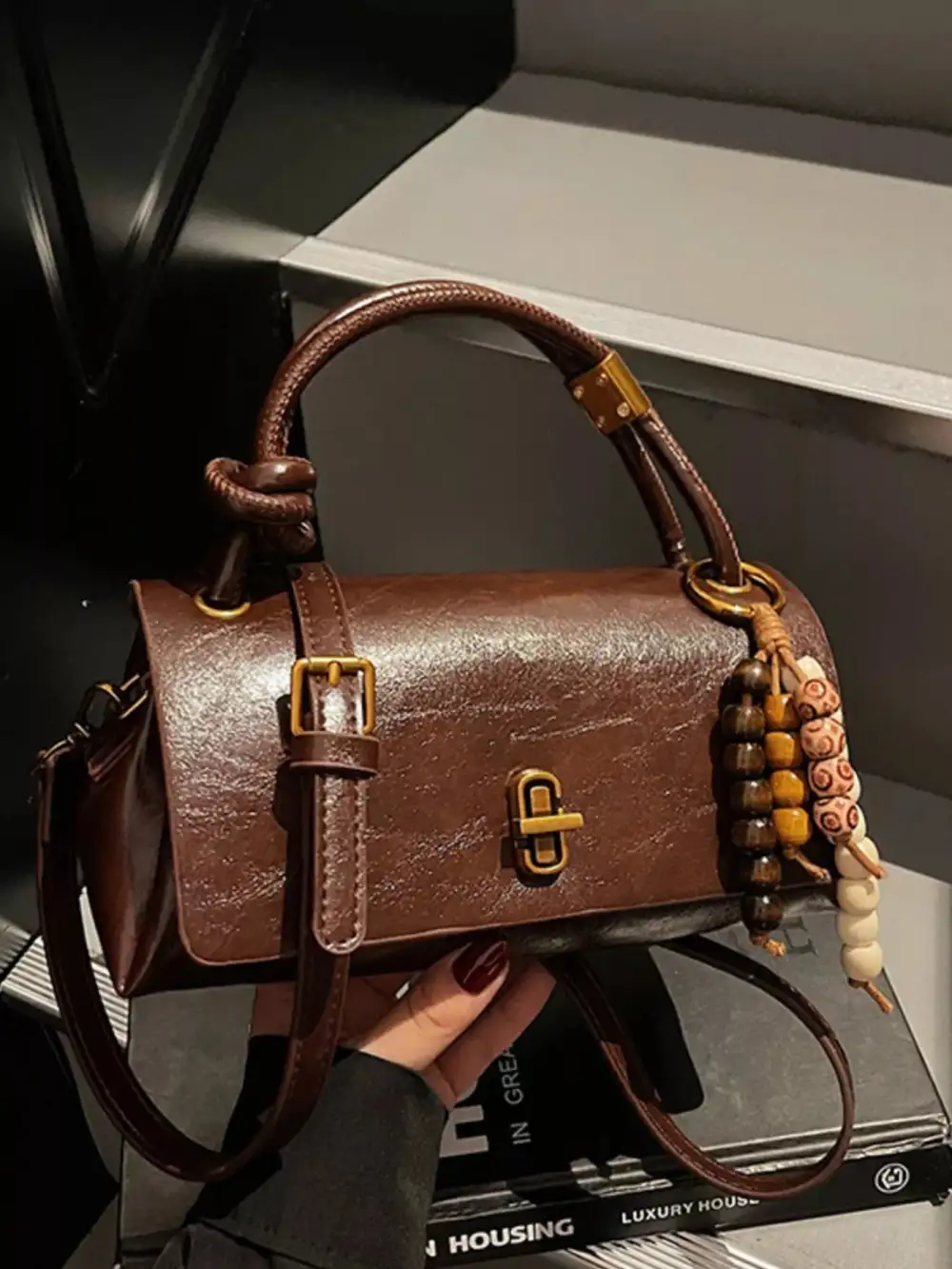 Leather Crossbody Bag with Bead Charm