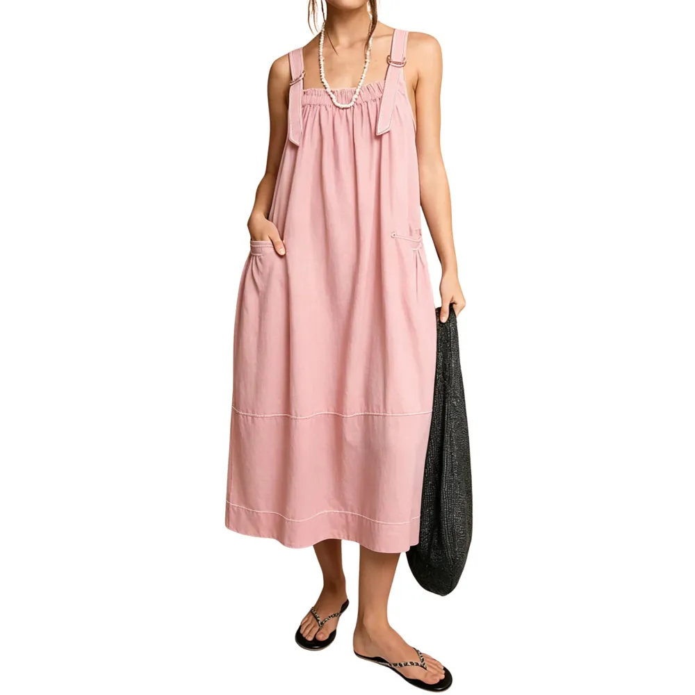 Women's Barrel Midi Dress Sleeveless Strappy Maxi Dress with Big Pockets & Adjustable Straps Minimalist Basic Casual Fall Dress