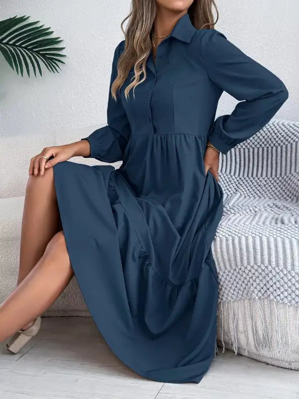 Button Front Tiered Long Sleeve Midi Dress