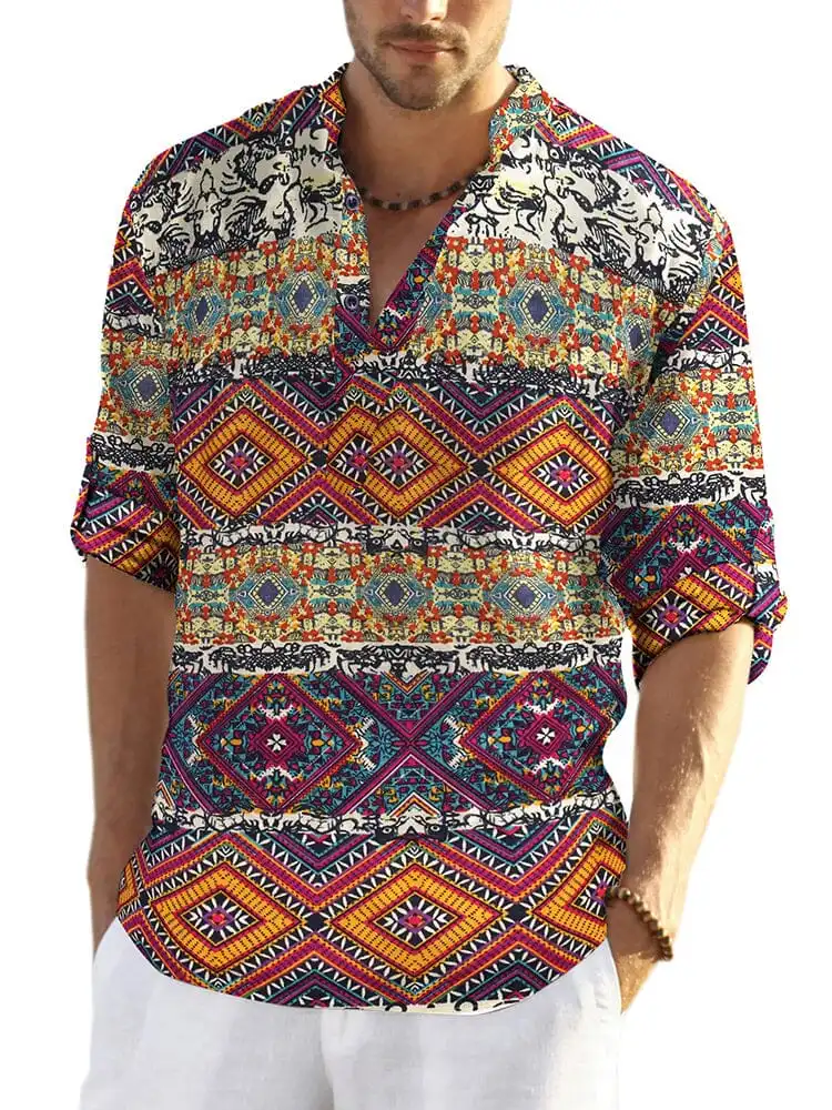 Cotton Linen Floral Henley Shirt Pants