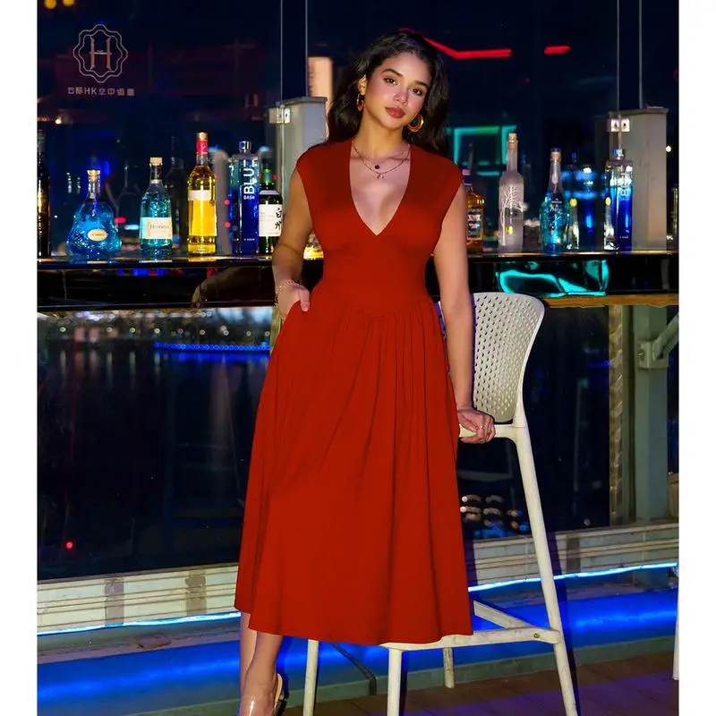 5PACK-Women'S Summer Casual Deep V NeckMidi Dress