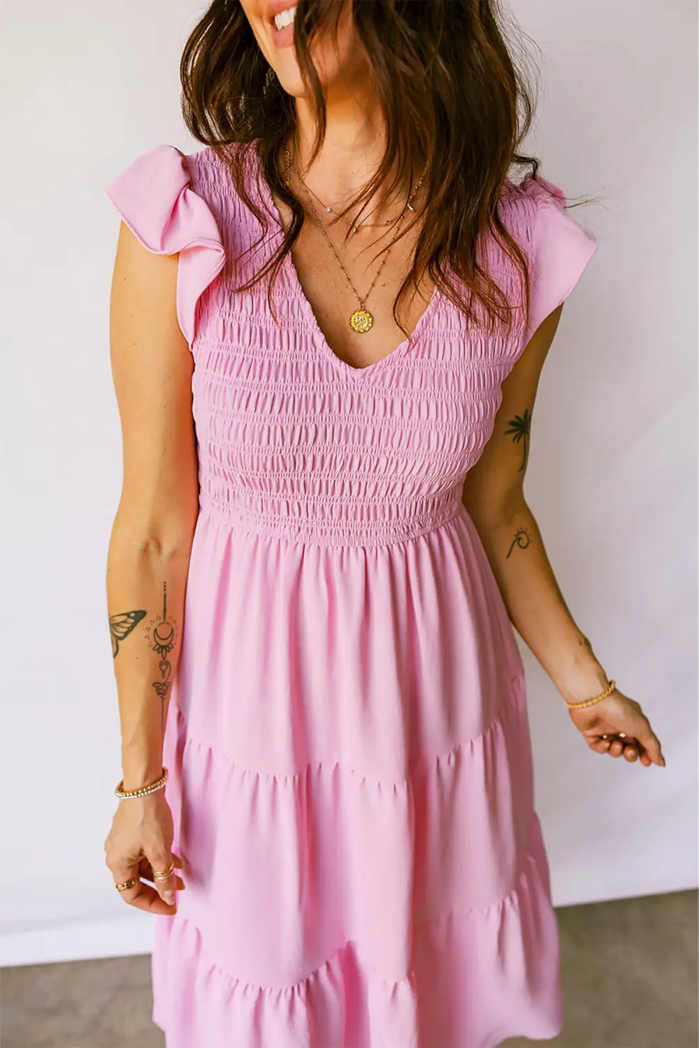 Tiered Smocked Flutter Sleeve Midi Dress