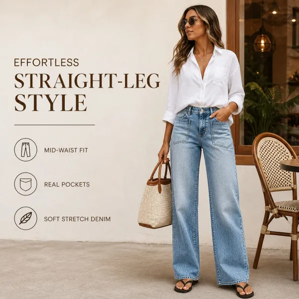 Women's Wash Mid Waist Straight Leg Jeans Without Belt