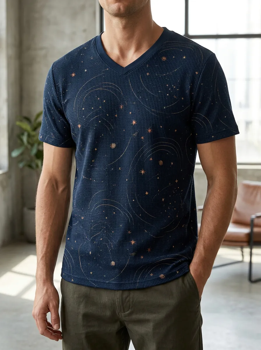 Men's Astronomy Lover Celestial Galaxy Printed V-Neck T-Shirt