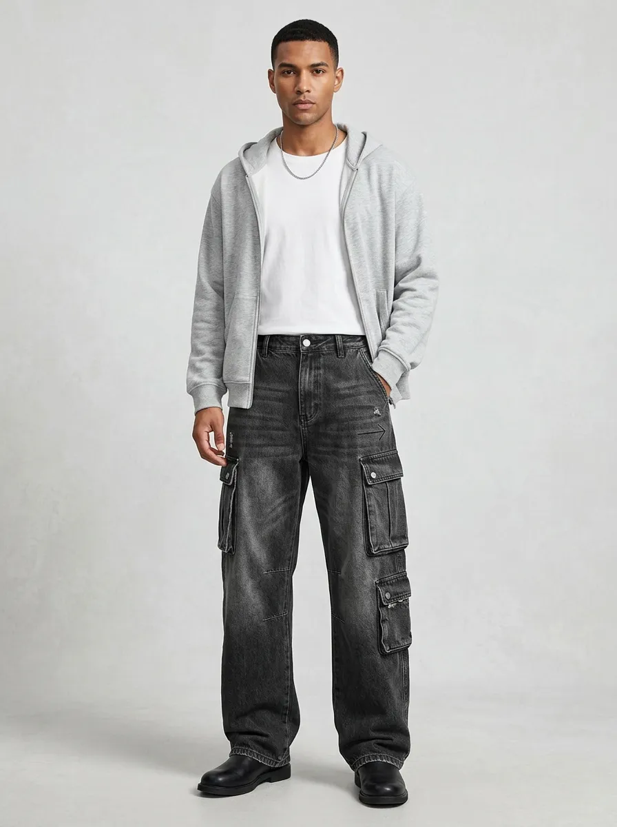 Men's Streetwear Washed Black Arrow Printed Cargo Pants