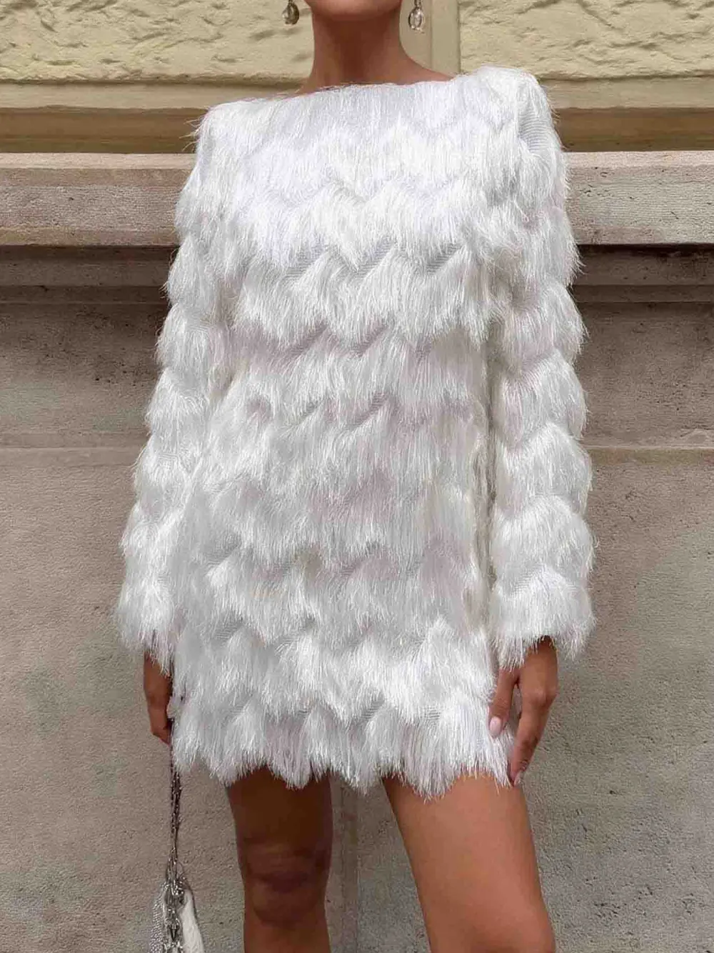 Textured Fringe Long Sleeve Elegant Mini Dress