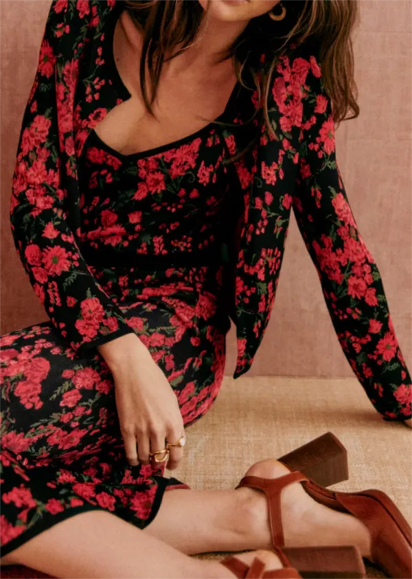 Floral Print Black V-Neck Cardigan