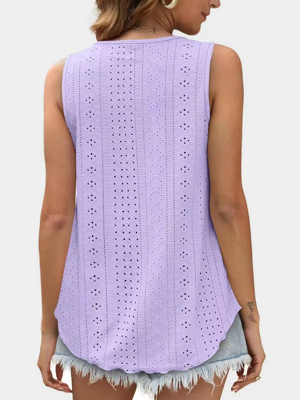 Eyelet Round Neck Tank With Sheer Detail