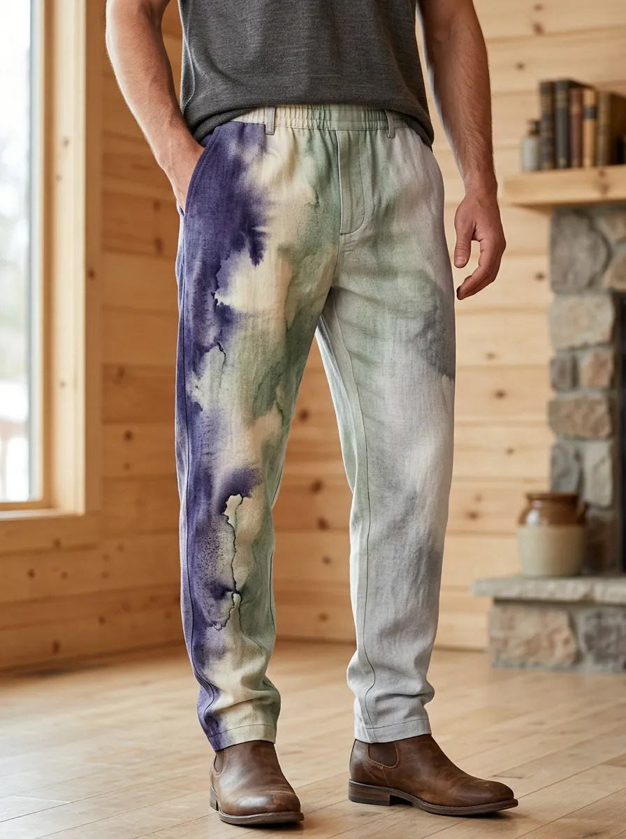Men's Watercolor Tie-Dye Pattern Printed Casual Pants