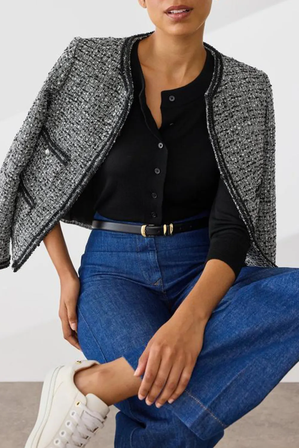 Grey Tweed Short Jacket With Contrast Trims