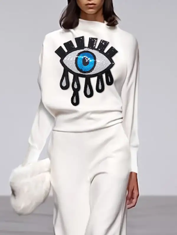 Long Sleeve Relaxed Applique Embroidered Figure Print Mock Neck T-Shirt