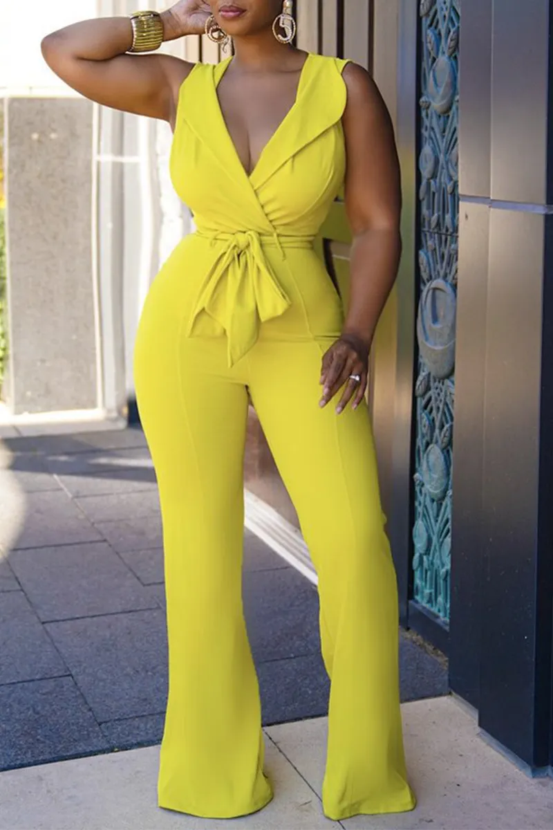 Casual Solid Split Joint V Neck Straight Jumpsuits