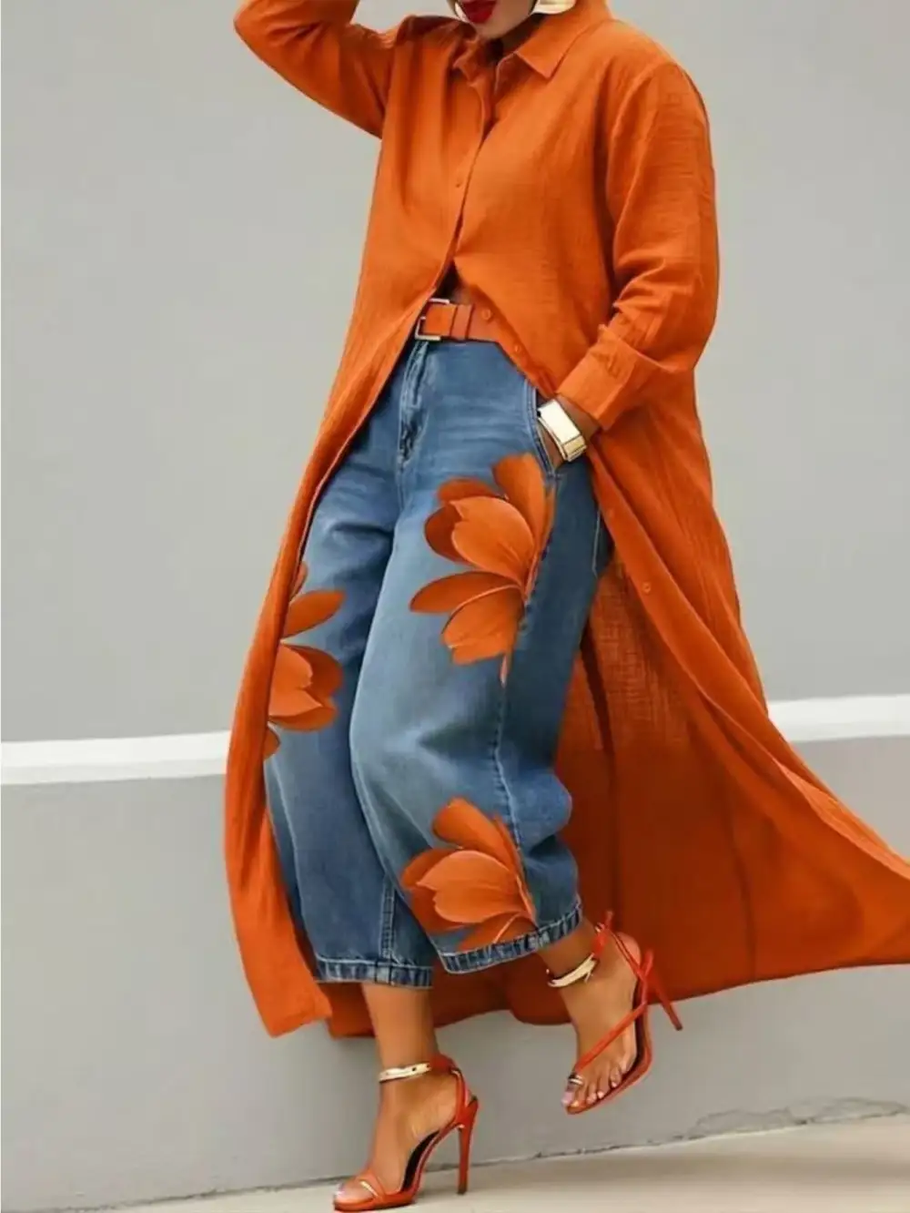 Modern Floral Print Wide-leg Cropped Jeans