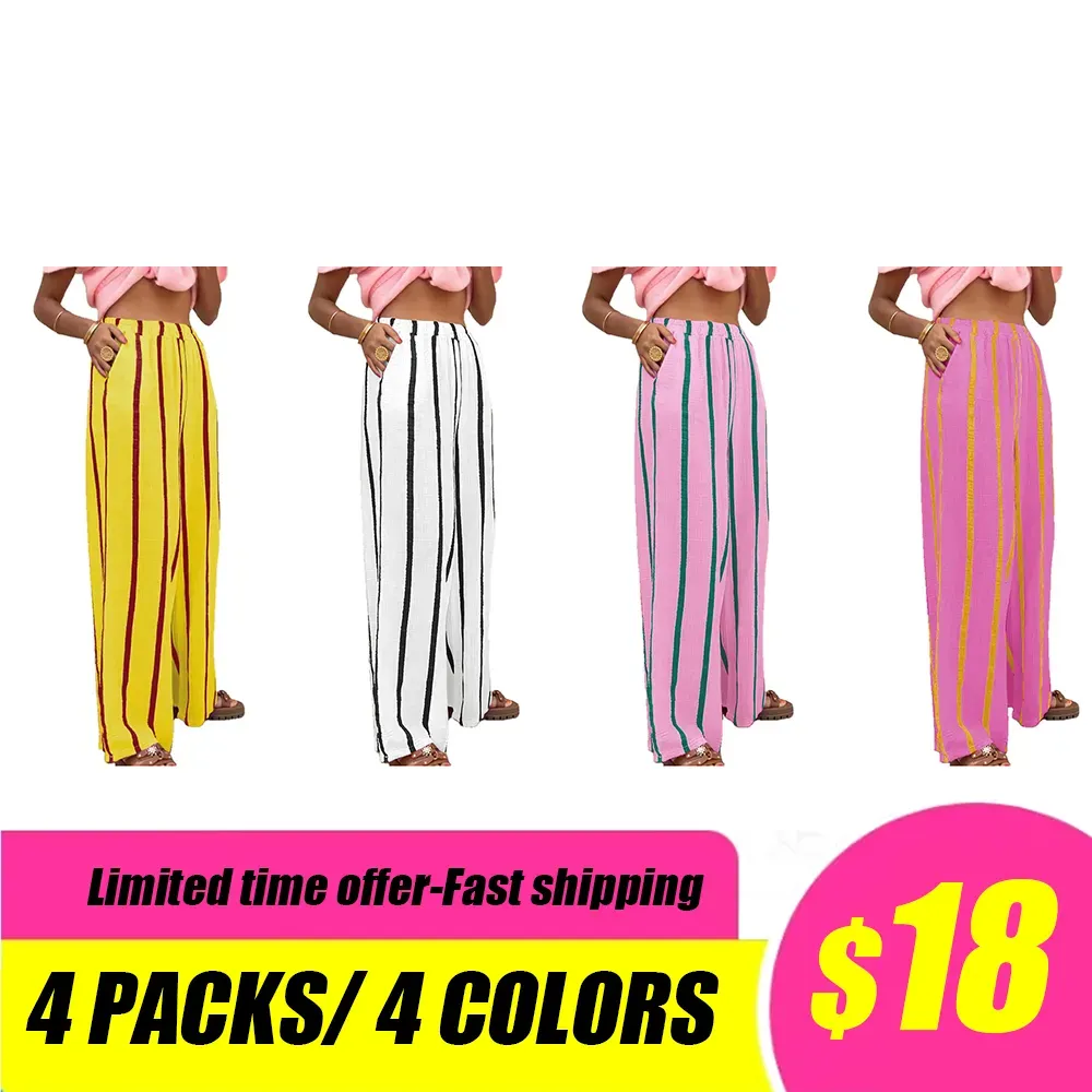 Women's Linen Striped Print Wide Leg Pants