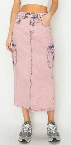 High Rise Cargo Utility Denim Maxi Skirt