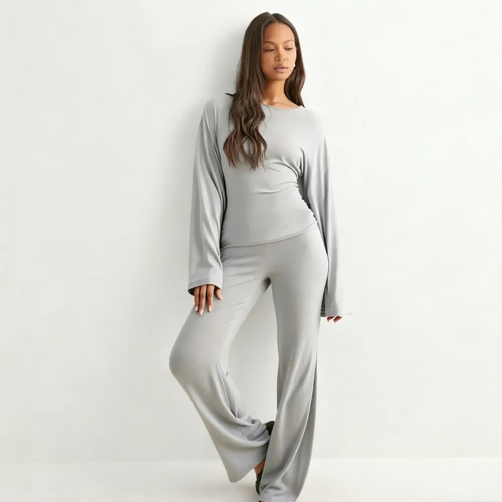 Women's Fall New Round Neck Flare Long Sleeve Top & Elastic Waist Straight Leg Pants Set