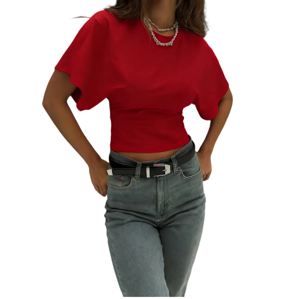 Women's Solid Color Crop Tee, Casual Half Sleeve Round Neck T-shirt