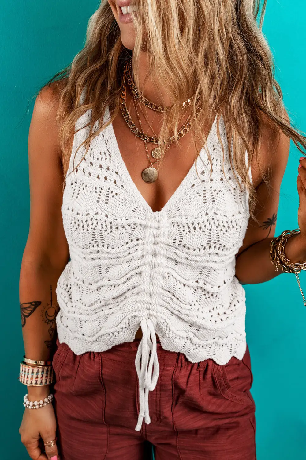 Hollowed Knit V-Neck Drawstring Sweater Vest
