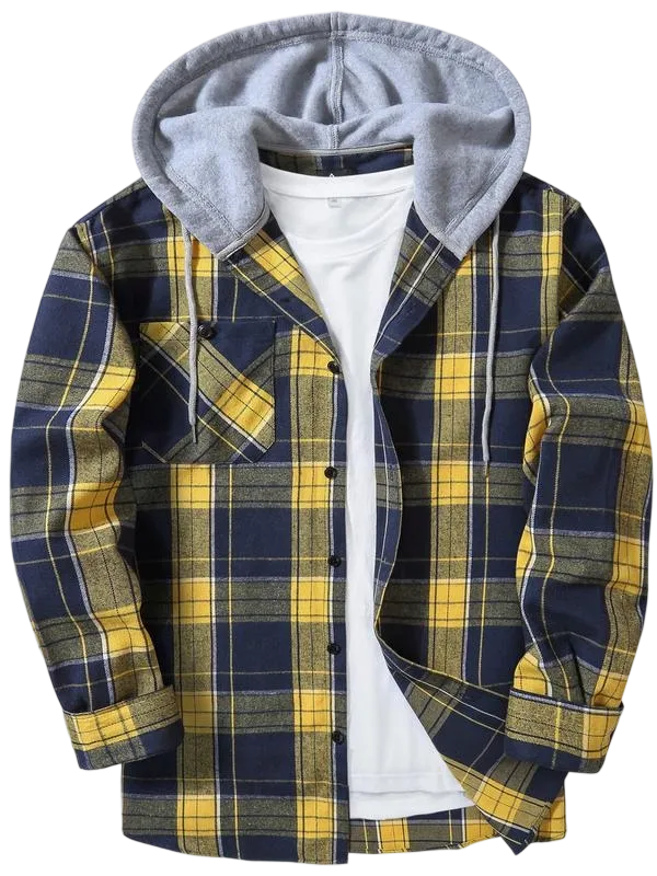 Men's Plaid Print Button Front Drawstring Hooded Shirt, Regular Fit Casual Long Sleeve Pocket Top, Men's Clothes for Daily Wear
