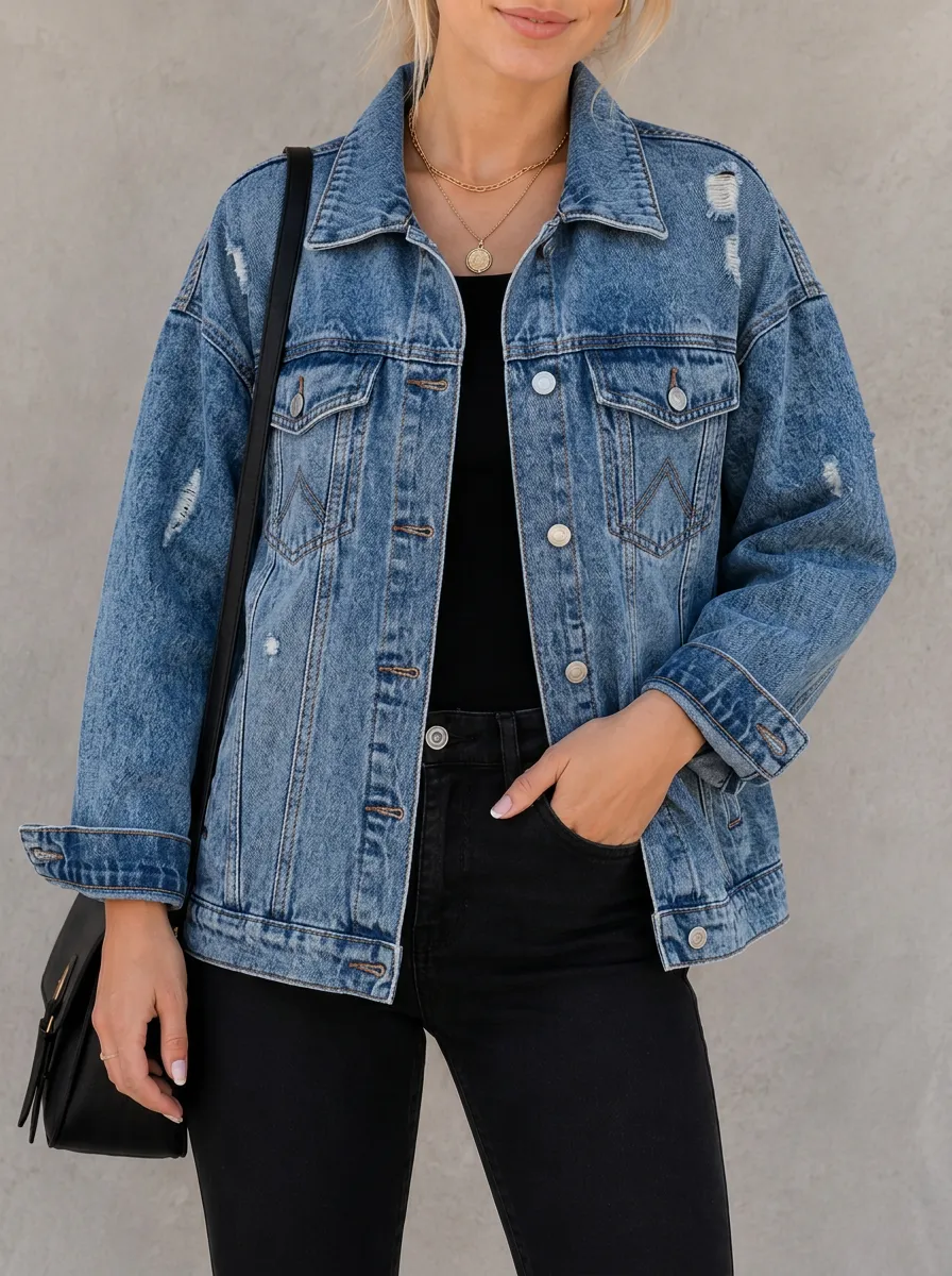 Women's Vintage Distressed Blue Denim Jacket