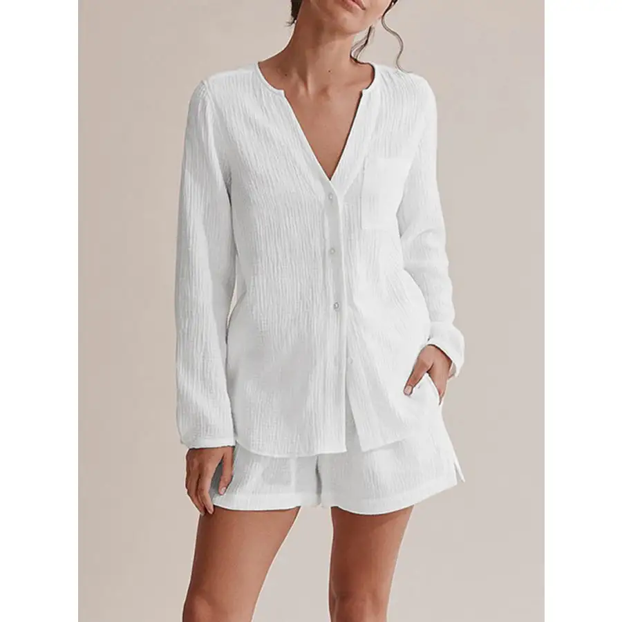 Relaxed Notched Long Sleeve Top and Shorts Set