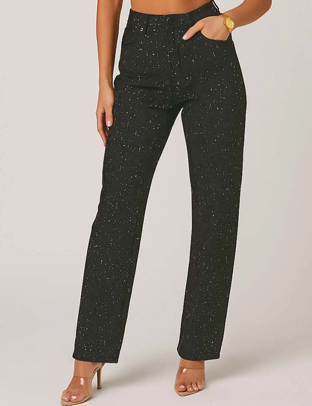 Rhinestone Button Front Straight Leg Denim Pants