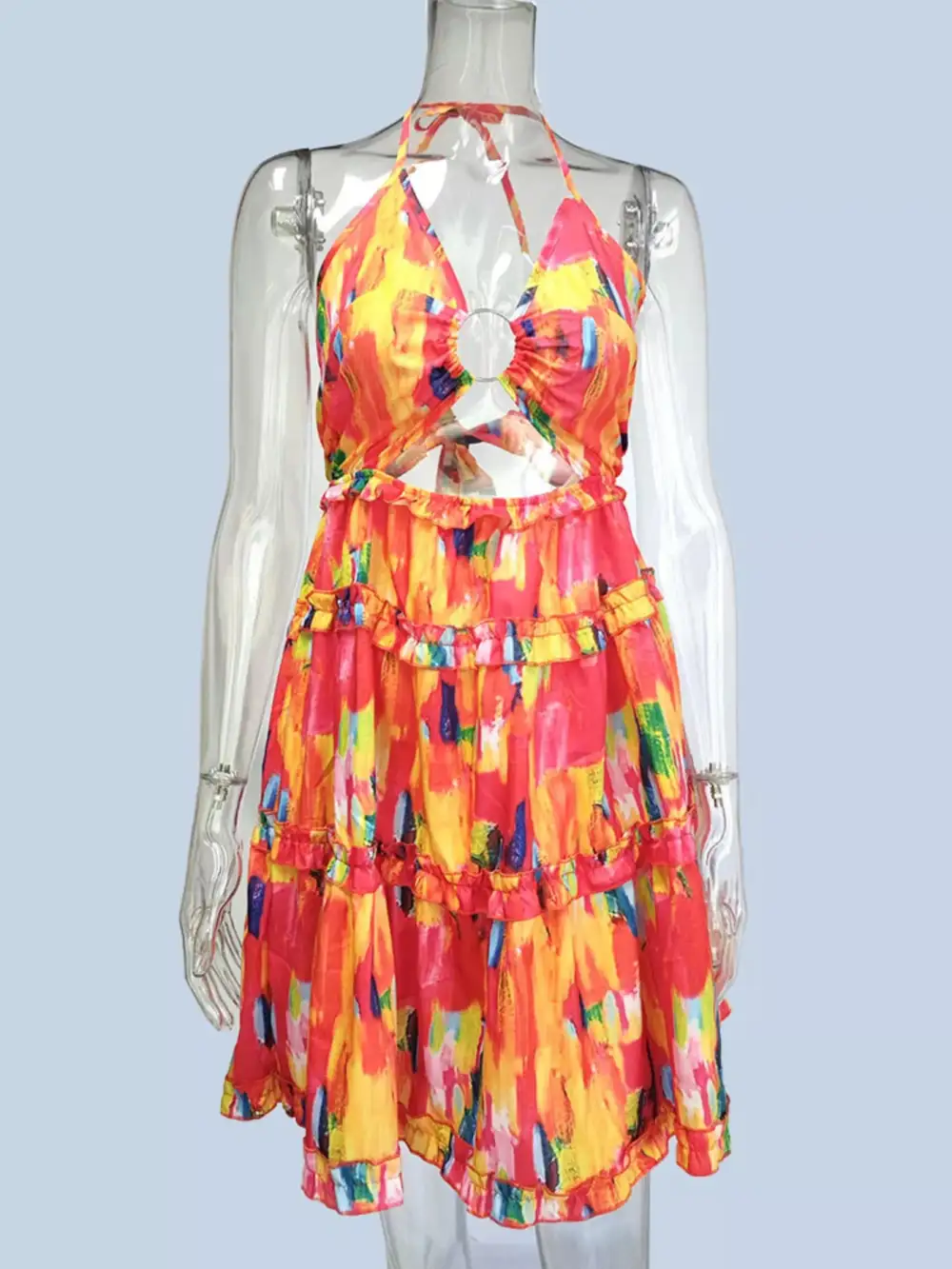 Colorful Print Halter Neck Ruffle Mini Dress