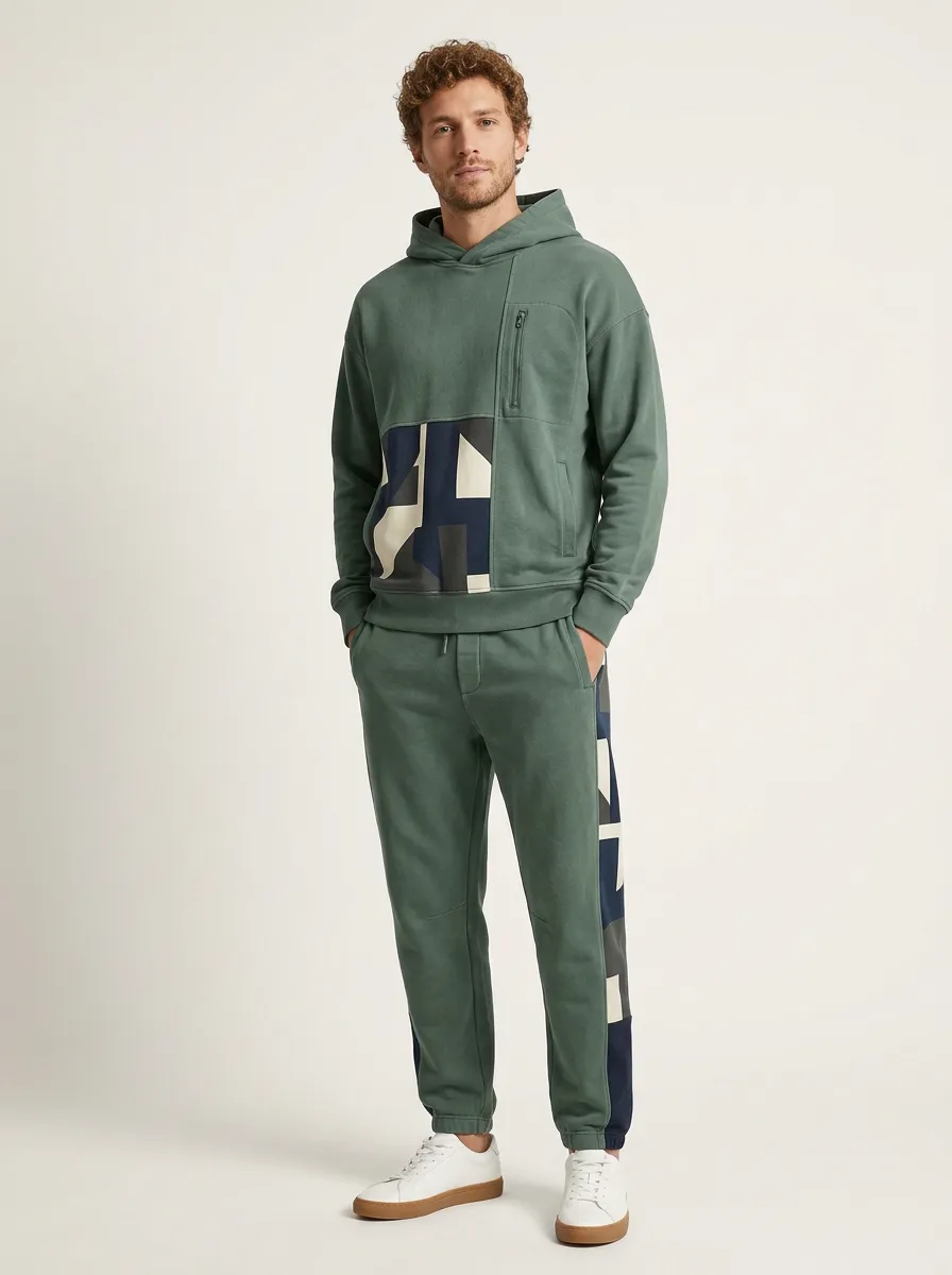 Men's Geometric Patchwork Green Printed Tracksuit