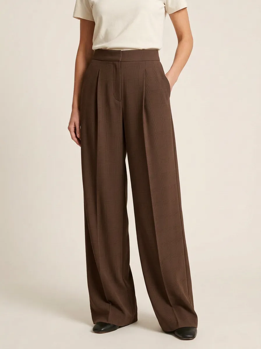 Textured Wide-Leg Plaid Printed Women's Wide-Leg Pants