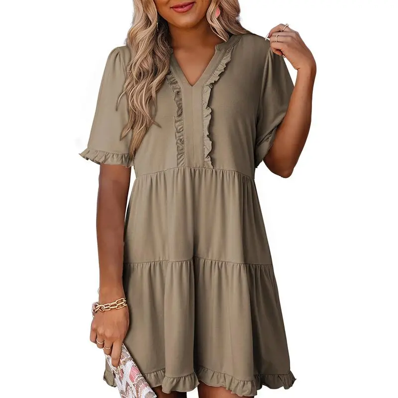 Womens Dresses 2025 Summer Spring V Neck Ruffle Short Sleeve Casual A-Line Flowy Swing Shift Dress Mini Dress