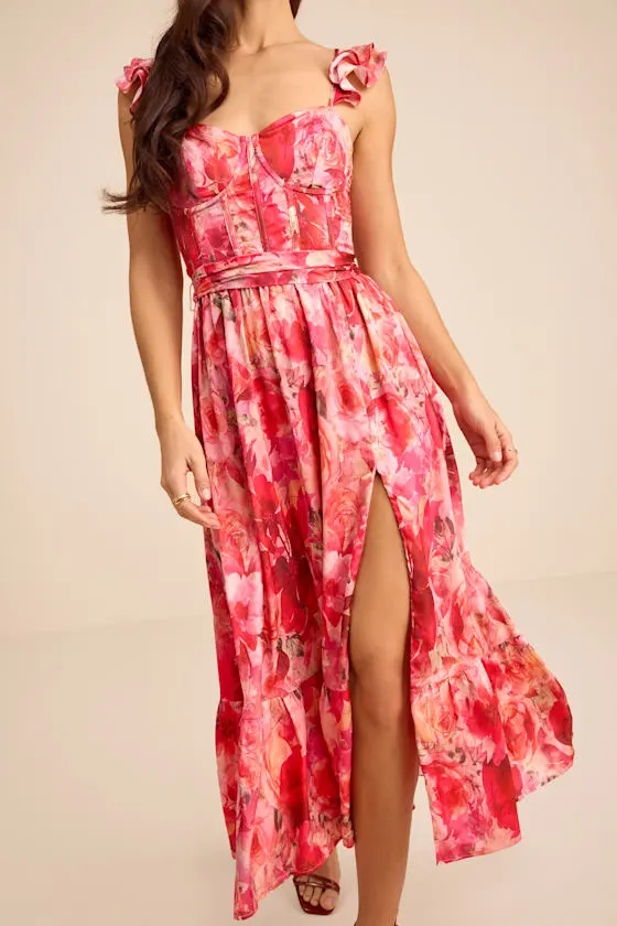 Sweet Like Sangria Pink Floral Ruffled Bustier Midi Dress