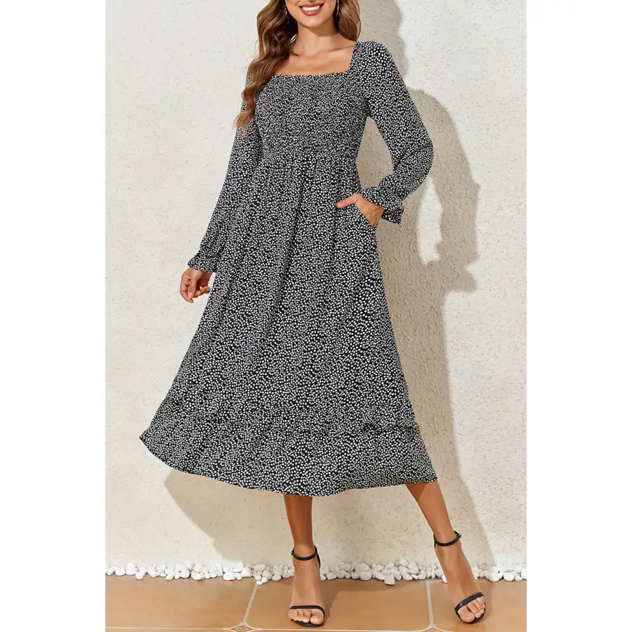 Printed Square Neck Long Sleeve Midi Dress