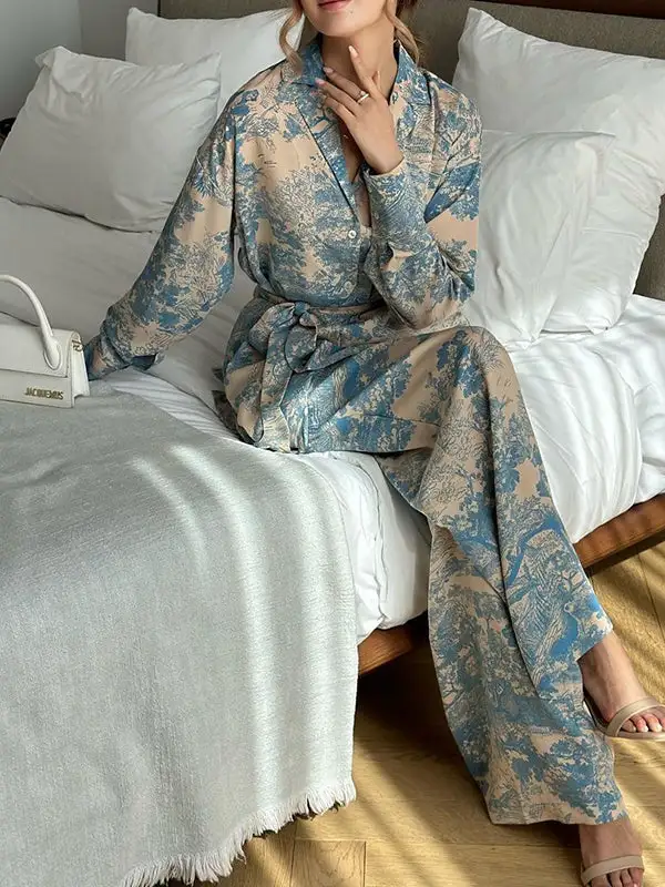 Long Sleeve Buttoned Print Blouse And Pants Set
