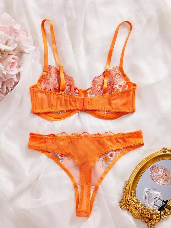 Modern Floral Embroidered Sheer Lingerie Set