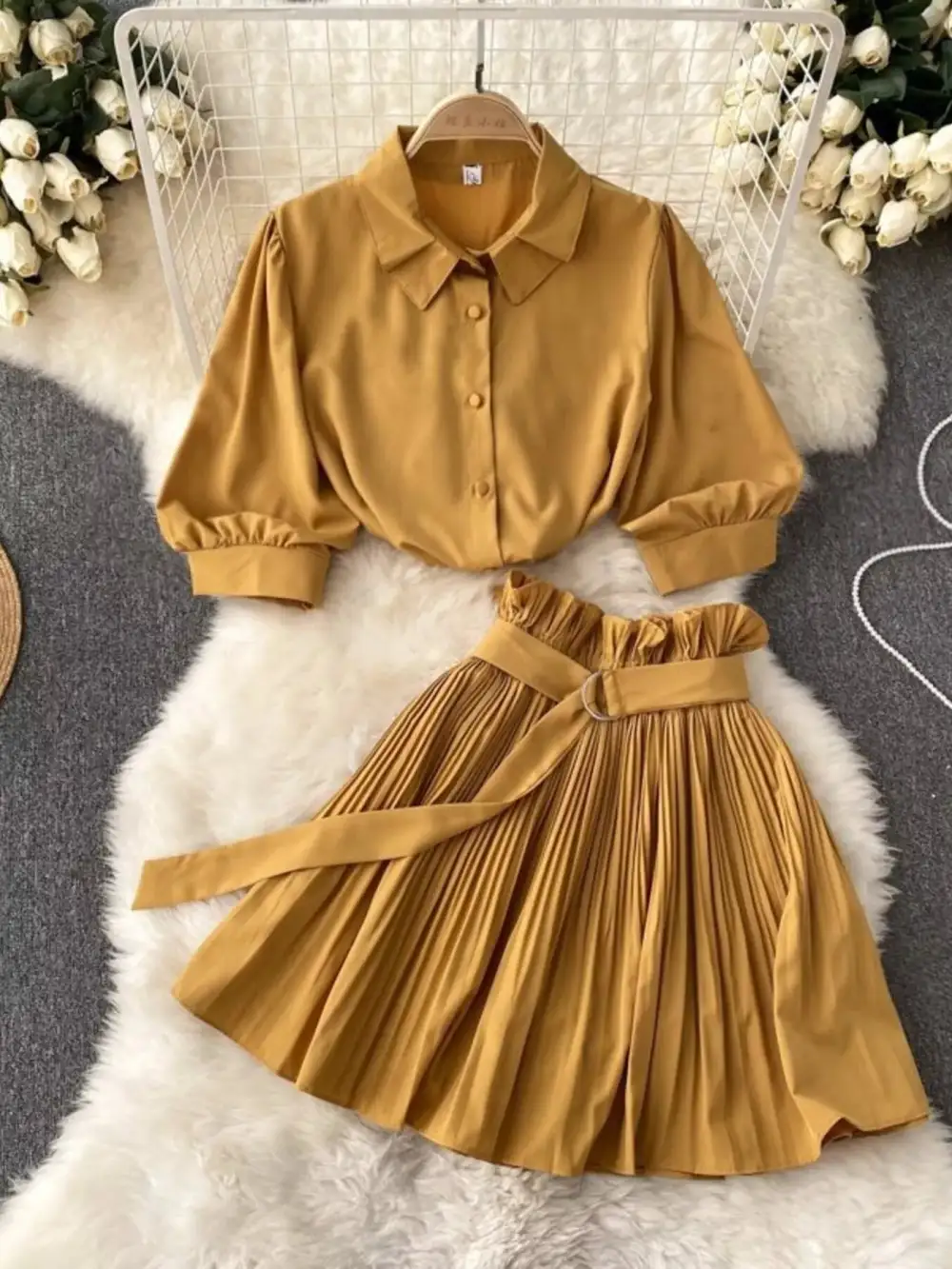Puff Sleeve Pleated Coordinated Set