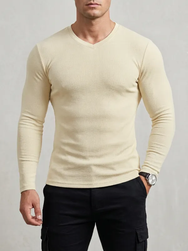 Casual Ribbed V-Neck Detail Men's Slim Fit Short Sleeve T-Shirt