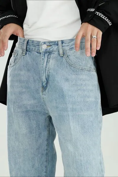 Mid-Rise Washed Pocketed Stretch Wide Straight Jeans