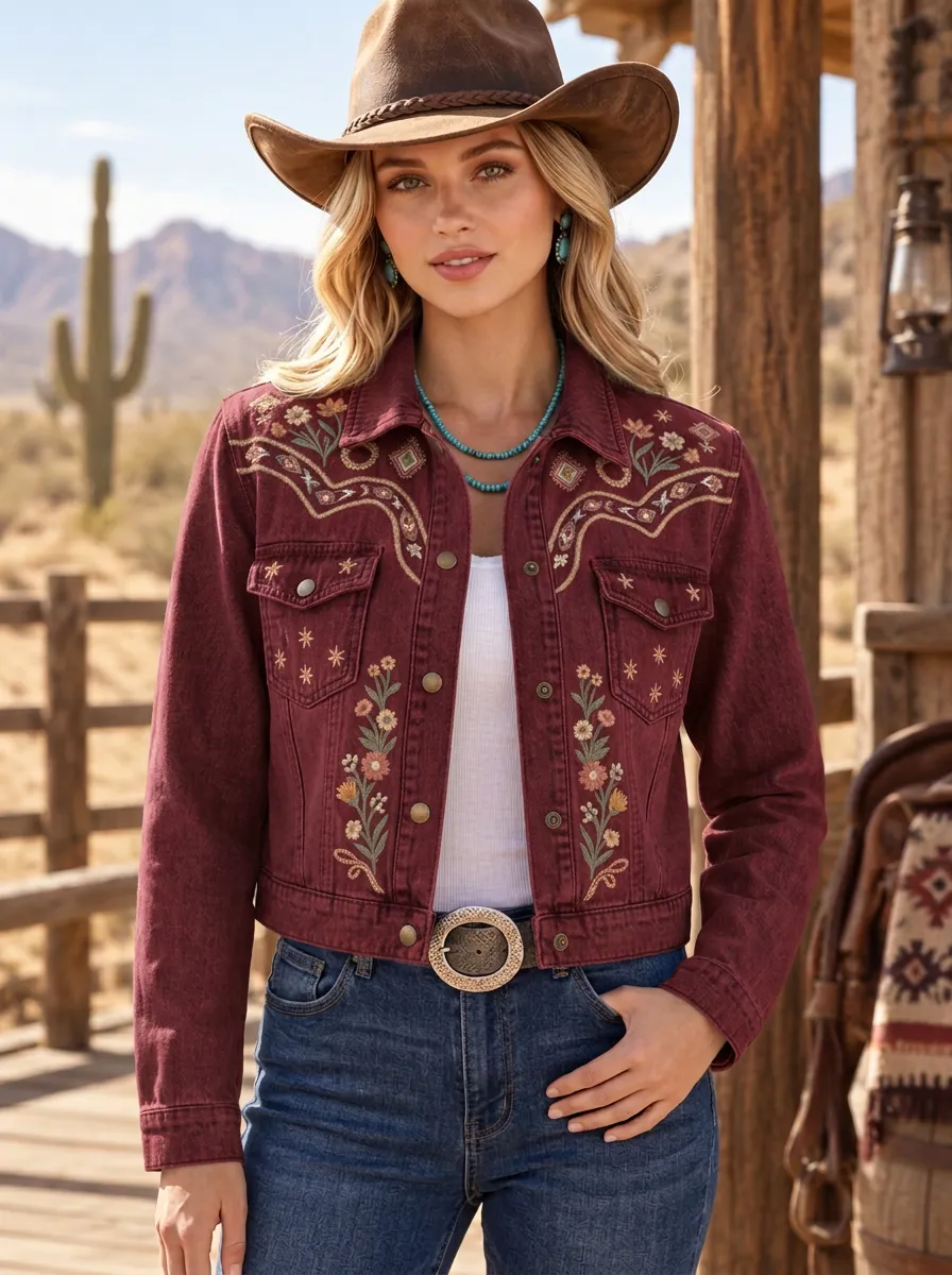 Women's Ranch Inspired Western Cowgirl Floral Embroidery Floral Embroidered Jacket
