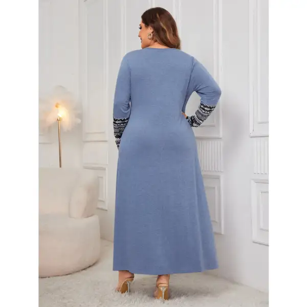Plus Size Printed Round Neck Long Sleeve Dress