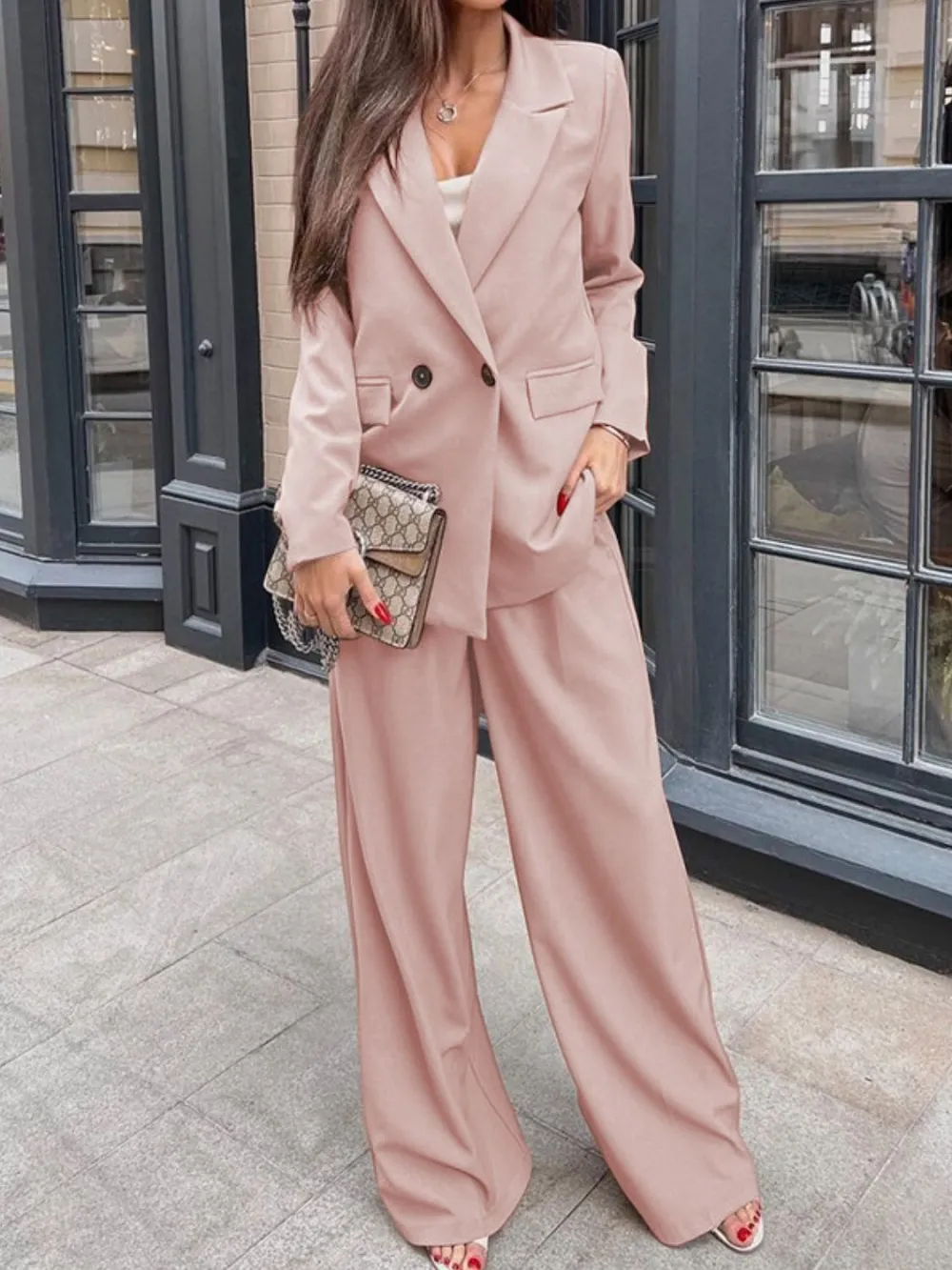 Lapel-Collar Long-Sleeve Blazer Matching and Pants Set