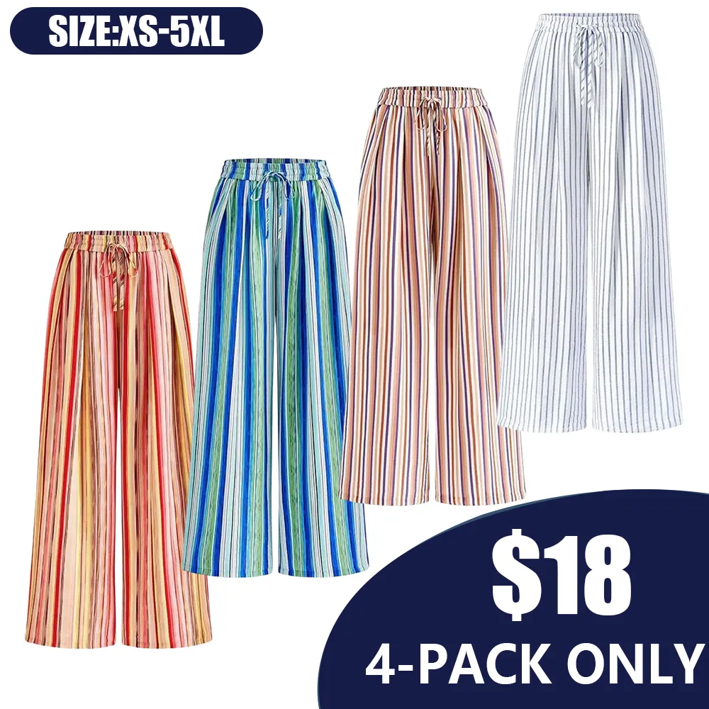 Women'S Elastic Waist Striped Lightweight Wide-Leg Pants-🔥7-Pack - All Colors Included, Only $24