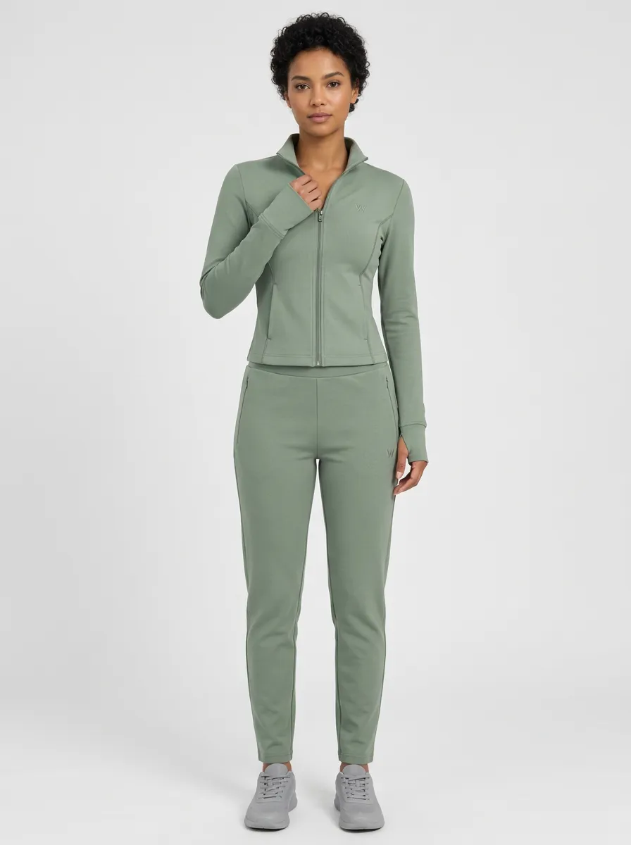 Women's Sage Green Thumbhole Cuffs Zip-Up Jacket & Jogger Set